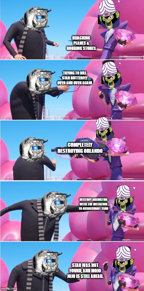 Who's more superior? | HIJACKING PLANES & ROBBING STORES; TRYING TO KILL STAR BUTTERFLY OVER AND OVER AGAIN; COMPLETELY DESTROYING ORLANDO; DESTROY ARLINGTON WITH THE INTENTION TO ASSASSINATE STAR; STAR WAS NOT FOUND, AND MOJO JOJO IS STILL AHEAD. | image tagged in gru vs bratt | made w/ Imgflip meme maker