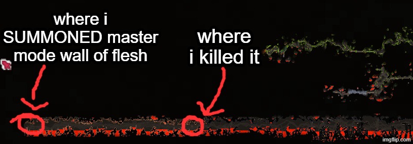 i genuinely had a harder time fighting king slime for the first time. oh well at least i got the summoner emblem i wanted | where i SUMMONED master mode wall of flesh; where i killed it | made w/ Imgflip meme maker