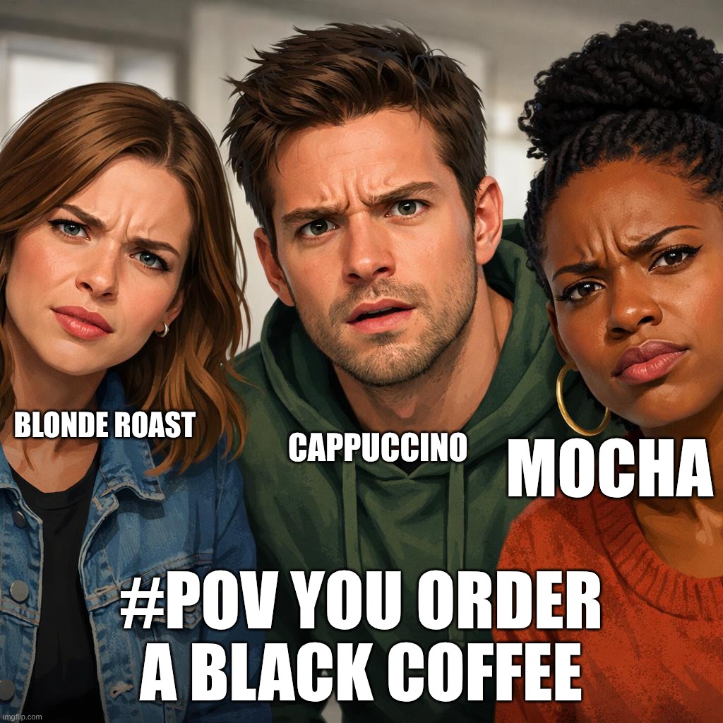 Pov teenagers | BLONDE ROAST; CAPPUCCINO; MOCHA; #POV YOU ORDER A BLACK COFFEE | image tagged in three people staring at you like your crazy | made w/ Imgflip meme maker