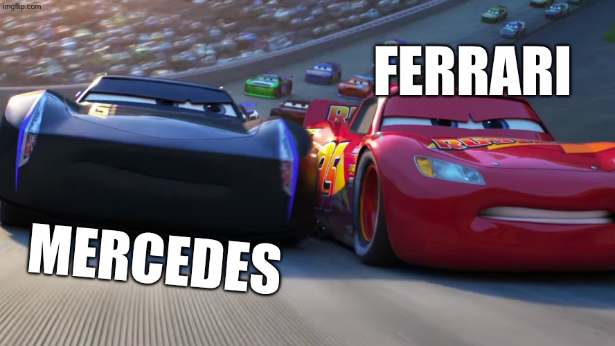 Mercedes vs Ferrari | FERRARI; MERCEDES | image tagged in lightning mcqueen vs jackson storm | made w/ Imgflip meme maker