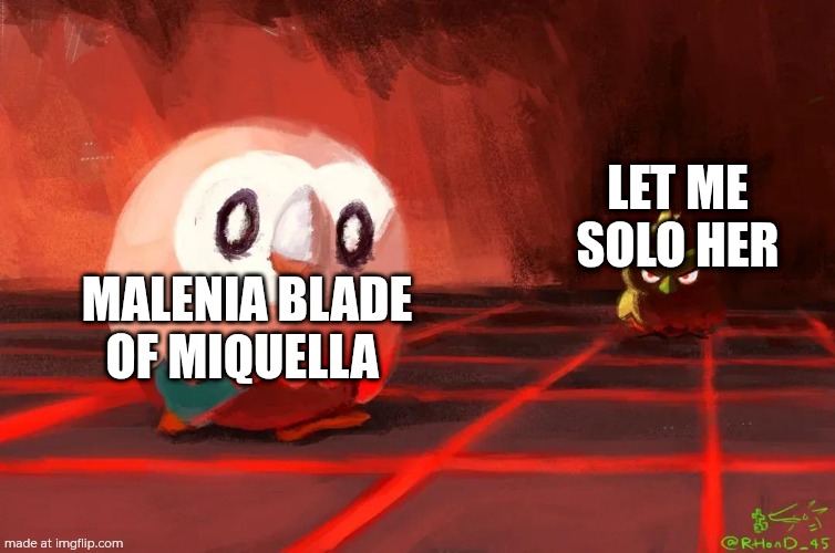 Hey remember that one secret boss in elden ring | LET ME SOLO HER; MALENIA BLADE OF MIQUELLA | image tagged in rowlett vs browt | made w/ Imgflip meme maker