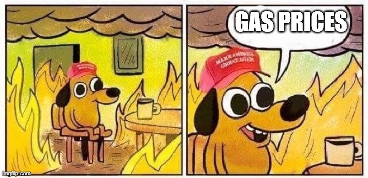 Up Up Up | GAS PRICES | image tagged in this is fine dog with maga hat | made w/ Imgflip meme maker