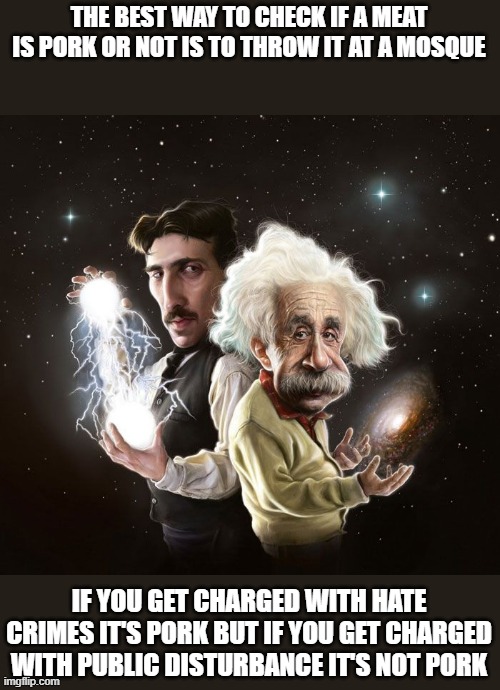 *Insert TMNT earrape | THE BEST WAY TO CHECK IF A MEAT IS PORK OR NOT IS TO THROW IT AT A MOSQUE; IF YOU GET CHARGED WITH HATE CRIMES IT'S PORK BUT IF YOU GET CHARGED WITH PUBLIC DISTURBANCE IT'S NOT PORK | image tagged in nikola tesla albert einstein,memes,funny,dark humor,muslim,pork | made w/ Imgflip meme maker