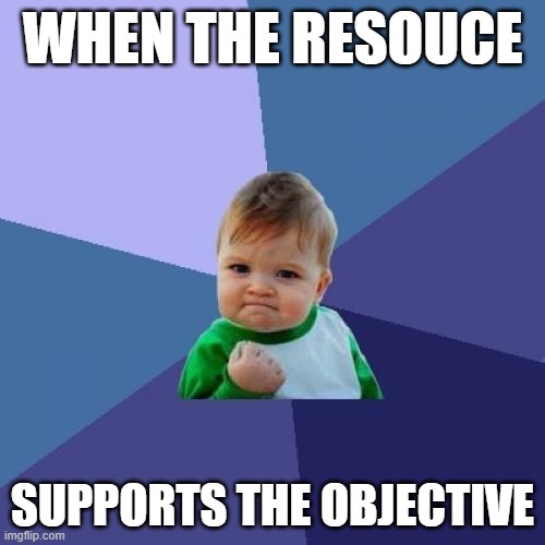 Kate's meme | WHEN THE RESOUCE; SUPPORTS THE OBJECTIVE | image tagged in memes,success kid | made w/ Imgflip meme maker