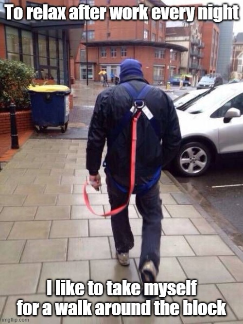 Take A Walk | To relax after work every night; I like to take myself for a walk around the block | image tagged in walking,relaxing,who's a good boy,city | made w/ Imgflip meme maker