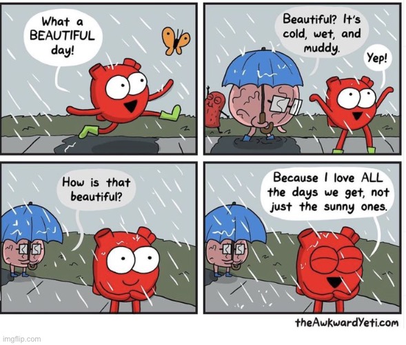 Keeping a positive attitude | image tagged in comics,the awkward yeti,heart and brain,rain,beautiful day,love every day | made w/ Imgflip meme maker