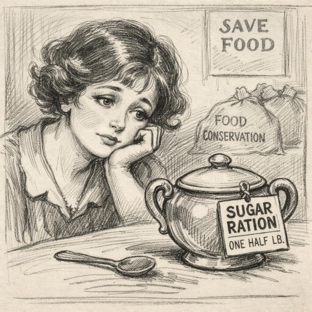 a 1918-style family longingly at a sugar bowl with a rationed st Blank Meme Template