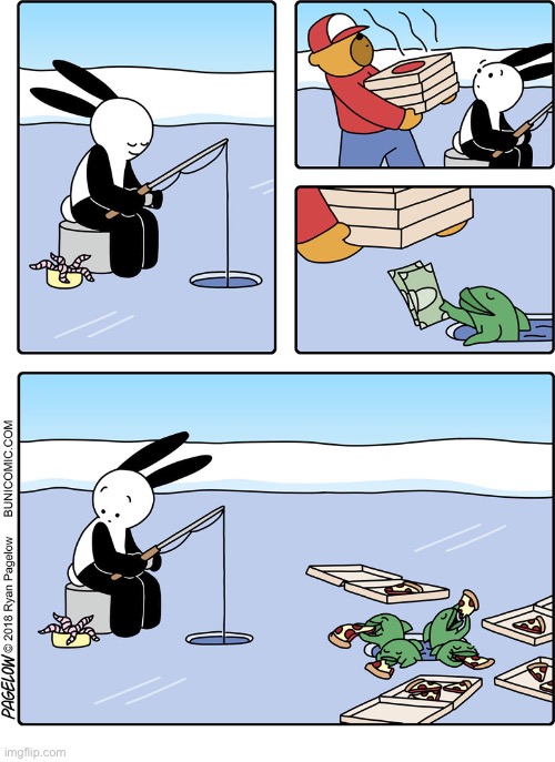 Buni Comics | image tagged in comics,buni comics,ice fishing,pizza delivery,fish,bait | made w/ Imgflip meme maker