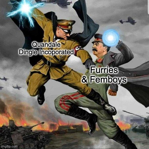 the ultimate battle | Quandale Dingle Incoporated; Furries & Femboys | image tagged in stalin vs hitler | made w/ Imgflip meme maker