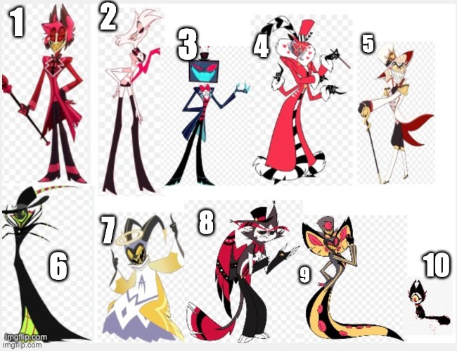 hazbin characters | 2; 1; 3; 4; 5; 8; 7; 10; 6; 9 | image tagged in hazbin characters | made w/ Imgflip meme maker