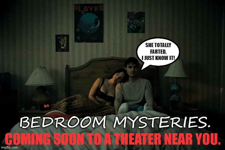 New Movie | SHE TOTALLY FARTED, I JUST KNOW IT! BEDROOM MYSTERIES. COMING SOON TO A THEATER NEAR YOU. | image tagged in movies,mystery,humor,farts,couple in bed | made w/ Imgflip meme maker