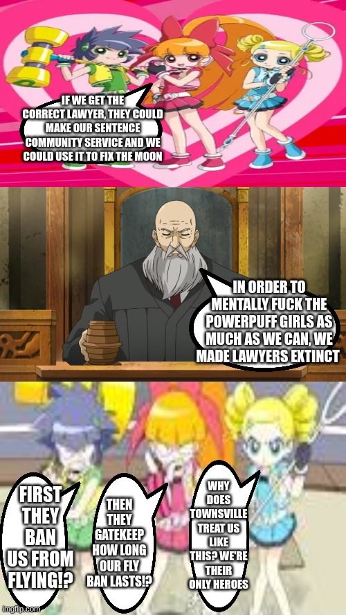 powerpuff girls was once my whole personality, i gotta figure out what happened | IF WE GET THE CORRECT LAWYER, THEY COULD MAKE OUR SENTENCE COMMUNITY SERVICE AND WE COULD USE IT TO FIX THE MOON; IN ORDER TO MENTALLY FUCK THE POWERPUFF GIRLS AS MUCH AS WE CAN, WE MADE LAWYERS EXTINCT; WHY DOES TOWNSVILLE TREAT US LIKE THIS? WE'RE THEIR ONLY HEROES; FIRST THEY BAN US FROM FLYING!? THEN THEY GATEKEEP HOW LONG OUR FLY BAN LASTS!? | image tagged in powerpuff girls,memes | made w/ Imgflip meme maker