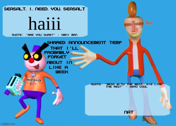 Planet Dob themed shared announcement temp | haiii | image tagged in planet dob themed shared announcement temp | made w/ Imgflip meme maker