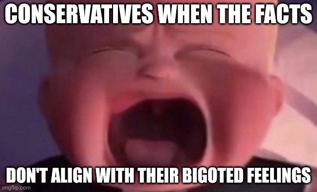 boss baby crying | CONSERVATIVES WHEN THE FACTS DON'T ALIGN WITH THEIR BIGOTED FEELINGS | image tagged in boss baby crying | made w/ Imgflip meme maker