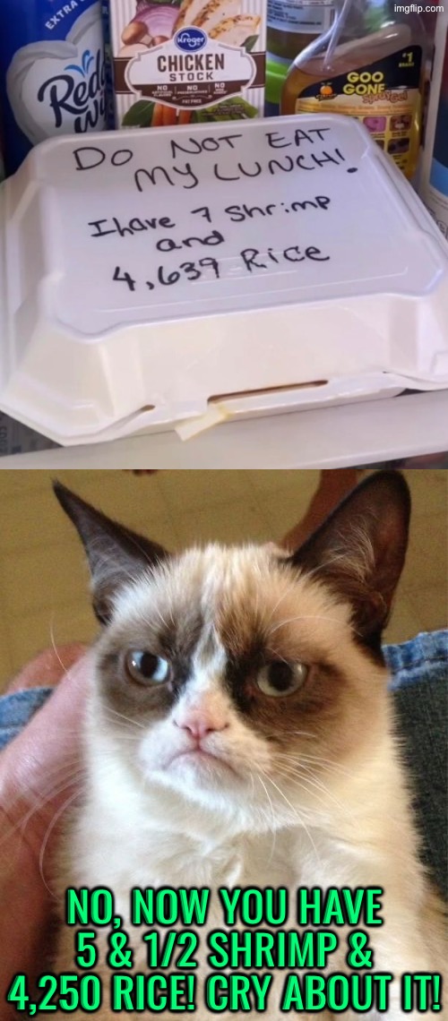 Cry About It | NO, NOW YOU HAVE 5 & 1/2 SHRIMP & 4,250 RICE! CRY ABOUT IT! | image tagged in grumpy cat,cats,cry about it,funny signs,food memes,lunch | made w/ Imgflip meme maker