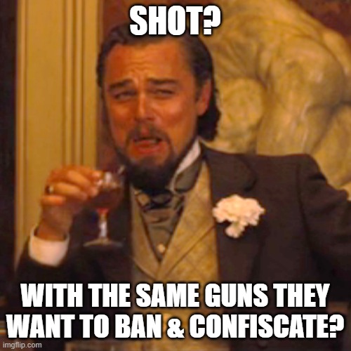 Laughing Leo Meme | SHOT? WITH THE SAME GUNS THEY WANT TO BAN & CONFISCATE? | image tagged in memes,laughing leo | made w/ Imgflip meme maker