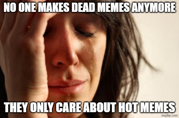 first post, long journey ahead | NO ONE MAKES DEAD MEMES ANYMORE; THEY ONLY CARE ABOUT HOT MEMES | image tagged in memes,first world problems | made w/ Imgflip meme maker