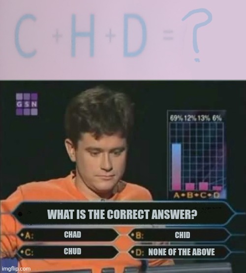 WHAT IS THE CORRECT ANSWER? CHAD; CHID; CHUD; NONE OF THE ABOVE | image tagged in memes,chad,question | made w/ Imgflip meme maker
