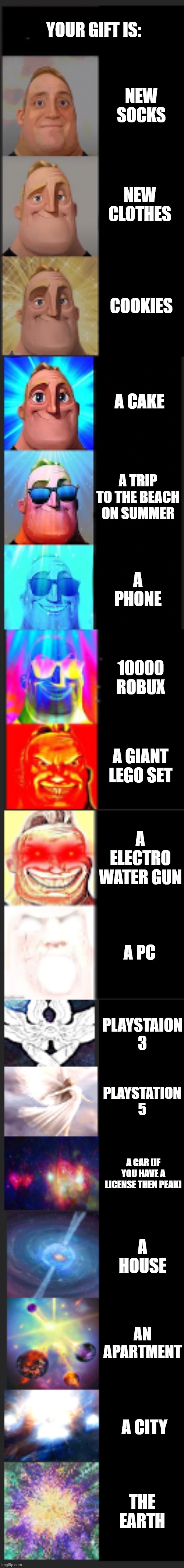 uhhhhhhhhhhhhhhhhhhhhhhh | YOUR GIFT IS:; NEW SOCKS; NEW CLOTHES; COOKIES; A CAKE; A TRIP TO THE BEACH ON SUMMER; A PHONE; 10000 ROBUX; A GIANT LEGO SET; A ELECTRO WATER GUN; A PC; PLAYSTAION 3; PLAYSTATION 5; A CAR [IF YOU HAVE A LICENSE THEN PEAK]; A HOUSE; AN APARTMENT; A CITY; THE EARTH | image tagged in uhhhhhhhhhhhhhhhhhhhhhhhh | made w/ Imgflip meme maker