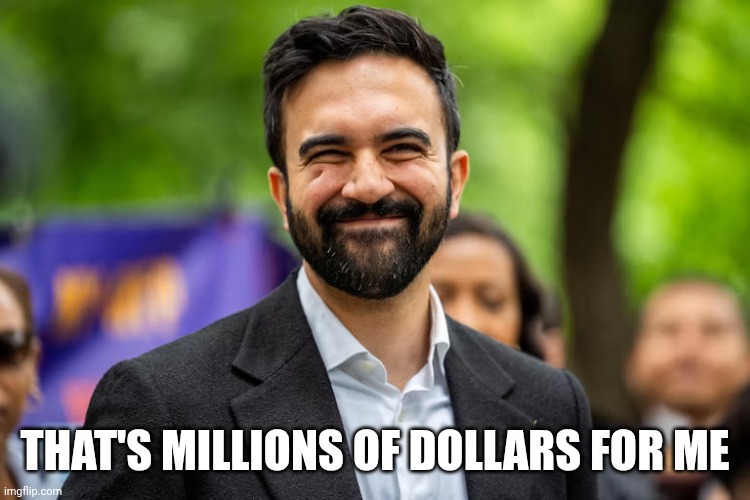 Zohran Mamdani grinning | THAT'S MILLIONS OF DOLLARS FOR ME | image tagged in zohran mamdani grinning | made w/ Imgflip meme maker