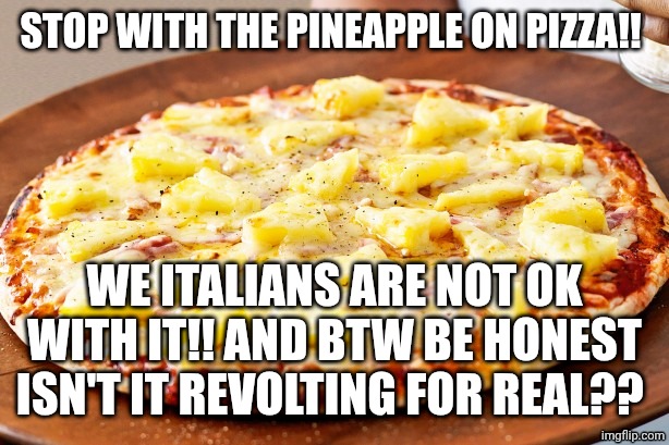 Stop!! | STOP WITH THE PINEAPPLE ON PIZZA!! WE ITALIANS ARE NOT OK WITH IT!! AND BTW BE HONEST ISN'T IT REVOLTING FOR REAL?? | image tagged in pineapple pizza | made w/ Imgflip meme maker