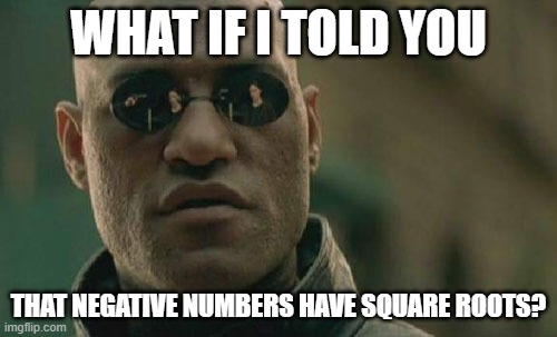 Square Roots of negative Numbers | WHAT IF I TOLD YOU; THAT NEGATIVE NUMBERS HAVE SQUARE ROOTS? | image tagged in memes,matrix morpheus,square root | made w/ Imgflip meme maker