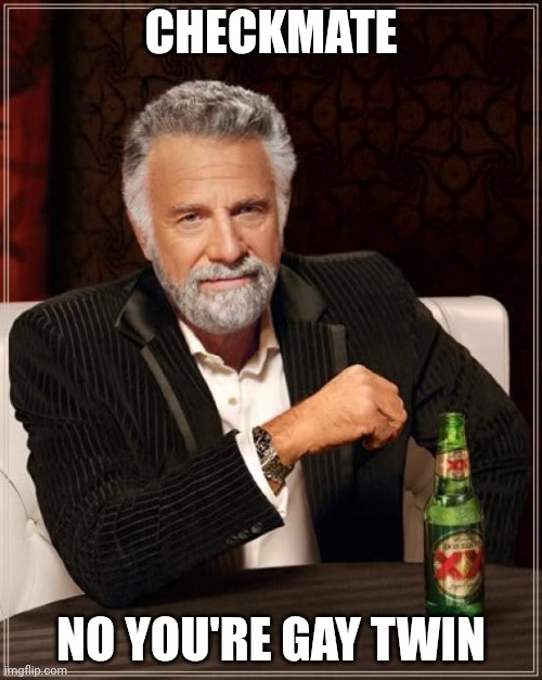 Once Gay, Always Gay | CHECKMATE; NO YOU'RE GAY TWIN | image tagged in memes,the most interesting man in the world | made w/ Imgflip meme maker