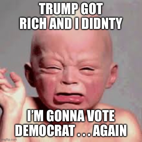 Democrats impeachment cry | TRUMP GOT RICH AND I DIDNTY I’M GONNA VOTE DEMOCRAT . . . AGAIN | image tagged in democrats impeachment cry | made w/ Imgflip meme maker