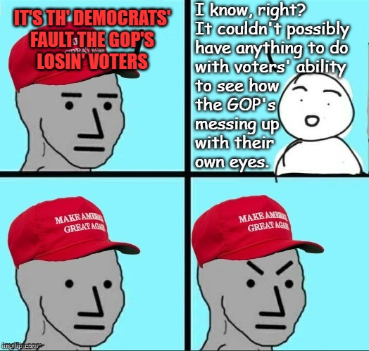 Of course, political propaganda factors in -but nothing moves political opinion quite like publicly observable behavior. | I know, right?
It couldn't possibly
have anything to do
with voters' ability
to see how
the GOP's
messing up
with their
own eyes. IT'S TH' DEMOCRATS'
FAULT THE GOP'S
LOSIN' VOTERS | image tagged in frustrated maga npc,lying,joni ernst,maga,suckers | made w/ Imgflip meme maker