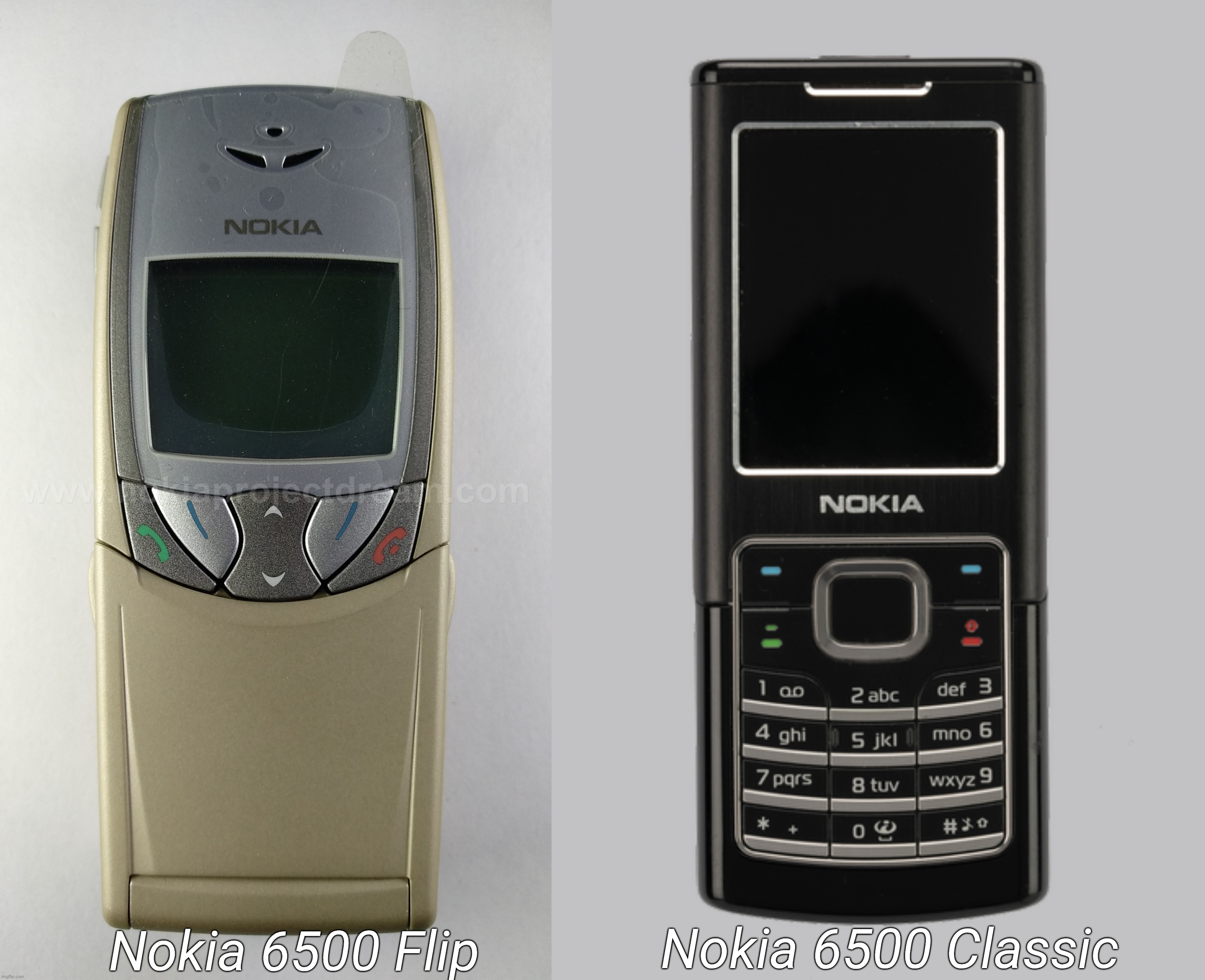 Nokia 6500 Flip: Even Older Than 6500 Classic | Nokia 6500 Classic; Nokia 6500 Flip | image tagged in nokia 6500 flip,nokia 6500 classic,nokia | made w/ Imgflip meme maker