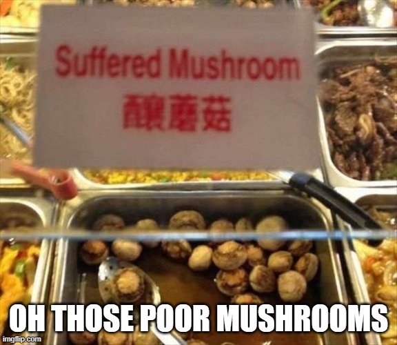 Mushrooms | OH THOSE POOR MUSHROOMS | image tagged in you had one job | made w/ Imgflip meme maker