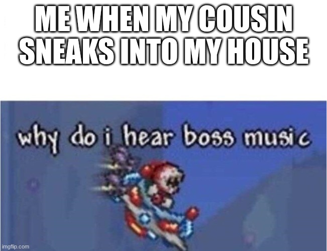 why do i hear boss music | ME WHEN MY COUSIN SNEAKS INTO MY HOUSE | image tagged in why do i hear boss music | made w/ Imgflip meme maker