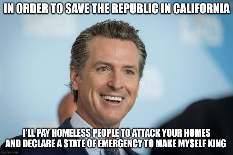 Gavin Newsom | IN ORDER TO SAVE THE REPUBLIC IN CALIFORNIA; I'LL PAY HOMELESS PEOPLE TO ATTACK YOUR HOMES AND DECLARE A STATE OF EMERGENCY TO MAKE MYSELF KING | image tagged in gavin newsom | made w/ Imgflip meme maker