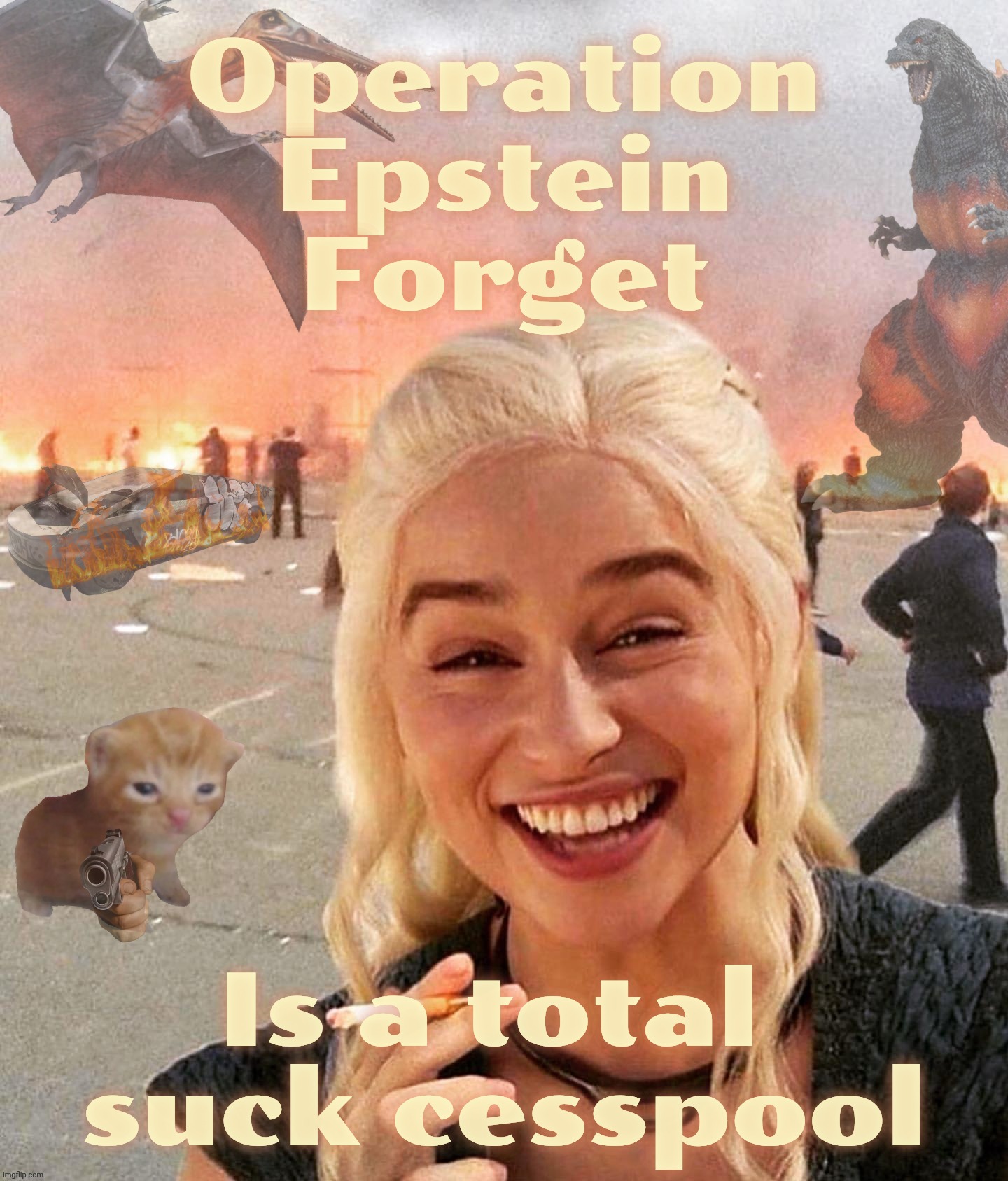 Operation Epic Fartface | Operation
Epstein
Forget Is a total 
suck cesspool | image tagged in disaster smoker gal kitchen sink edition,operation epic fury,operation epstein forget,wag the dog,he won,but it ain't over yet | made w/ Imgflip meme maker