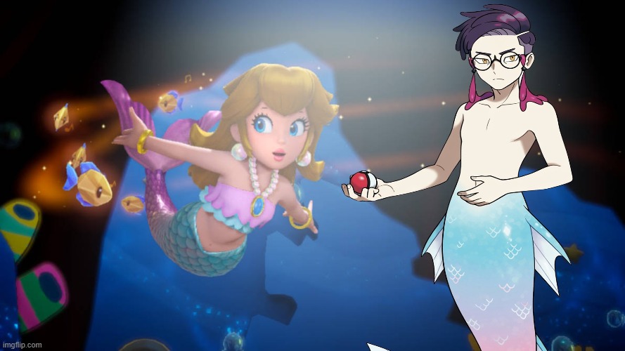 mermaid peach meets merman corbeau | image tagged in mermaid peach is here,pokemon legends za,video games,nintendo,pokemon memes,crossover memes | made w/ Imgflip meme maker