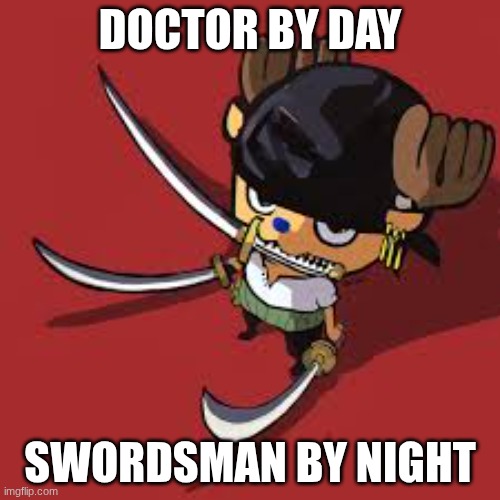 chopper | DOCTOR BY DAY; SWORDSMAN BY NIGHT | image tagged in chopper | made w/ Imgflip meme maker