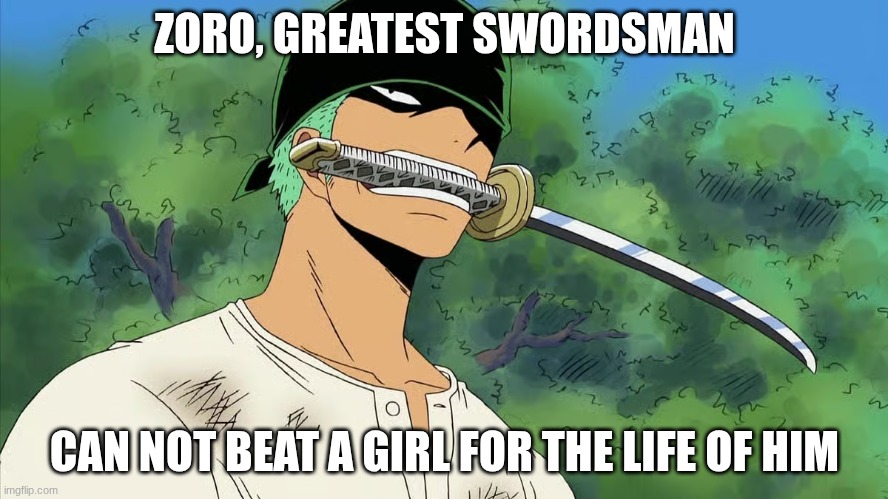 Kuina | ZORO, GREATEST SWORDSMAN; CAN NOT BEAT A GIRL FOR THE LIFE OF HIM | image tagged in funny,meme | made w/ Imgflip meme maker