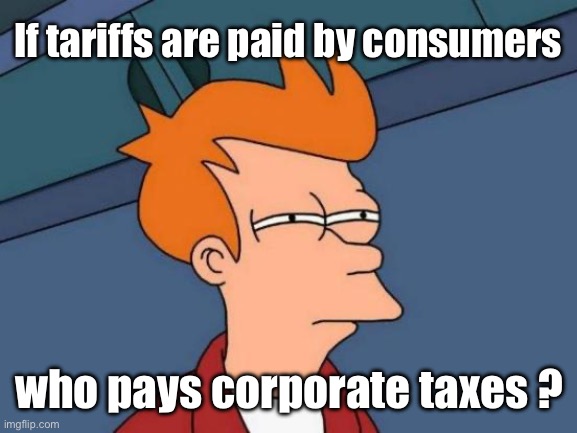 Consumers | If tariffs are paid by consumers; who pays corporate taxes ? | image tagged in memes,futurama fry,politics lol | made w/ Imgflip meme maker