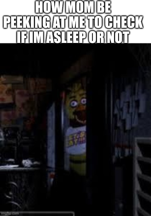 Chica Looking In Window FNAF | HOW MOM BE PEEKING AT ME TO CHECK IF IM ASLEEP OR NOT | image tagged in chica looking in window fnaf | made w/ Imgflip meme maker