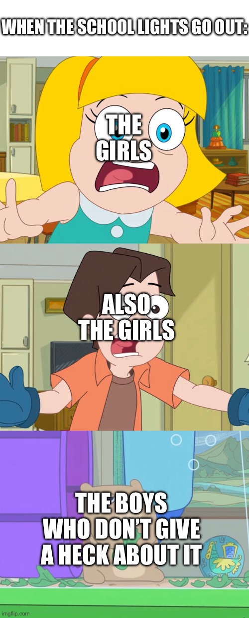 It’s true | WHEN THE SCHOOL LIGHTS GO OUT:; THE GIRLS; ALSO THE GIRLS; THE BOYS WHO DON’T GIVE A HECK ABOUT IT | image tagged in hamster and gretel scream,lights out week,school meme,girls vs boys,boys vs girls,screaming | made w/ Imgflip meme maker