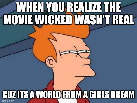 Wicked realization | WHEN YOU REALIZE THE MOVIE WICKED WASN'T REAL; CUZ ITS A WORLD FROM A GIRLS DREAM | image tagged in memes,futurama fry | made w/ Imgflip meme maker
