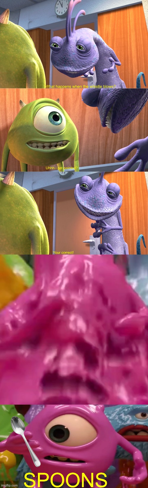 SPOONS | image tagged in mike wazowski | made w/ Imgflip meme maker
