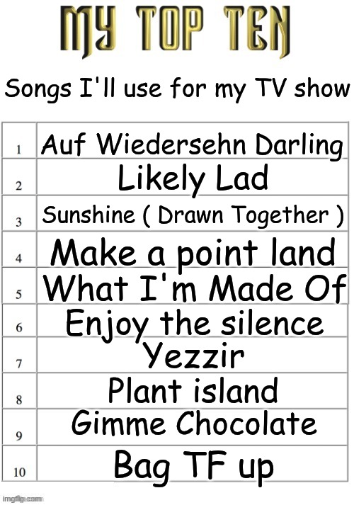 Top ten list better | Songs I'll use for my TV show; Auf Wiedersehn Darling; Likely Lad; Sunshine ( Drawn Together ); Make a point land; What I'm Made Of; Enjoy the silence; Yezzir; Plant island; Gimme Chocolate; Bag TF up | image tagged in top ten list better | made w/ Imgflip meme maker