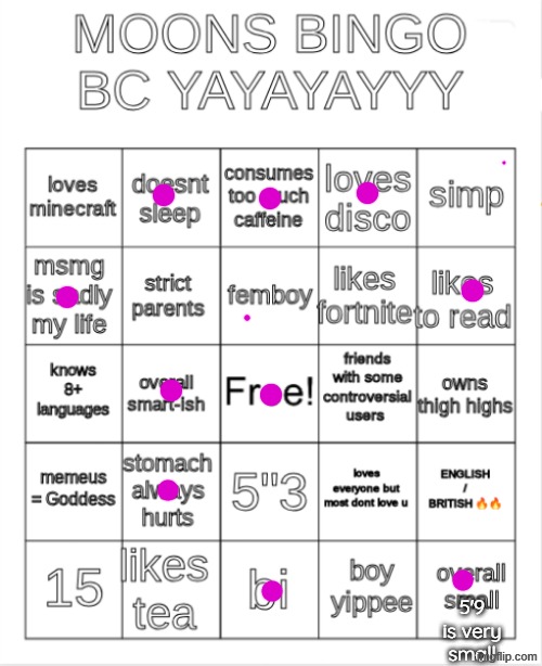 moons bingo | 5'9 is very small | image tagged in moons bingo | made w/ Imgflip meme maker