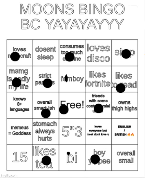 moons bingo | image tagged in moons bingo | made w/ Imgflip meme maker