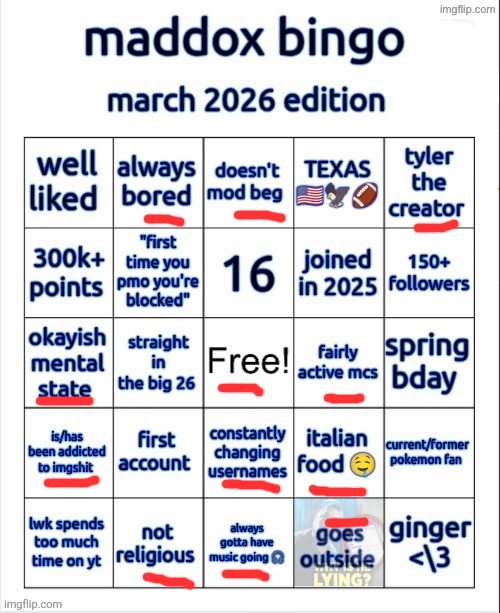 maddox bingo march 2026 edition | image tagged in maddox bingo march 2026 edition | made w/ Imgflip meme maker