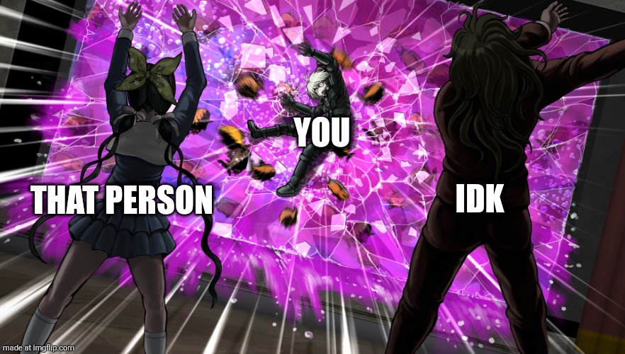 Gonta and Tenko throw K1-bo at glass | THAT PERSON IDK YOU | image tagged in gonta and tenko throw k1-bo at glass | made w/ Imgflip meme maker