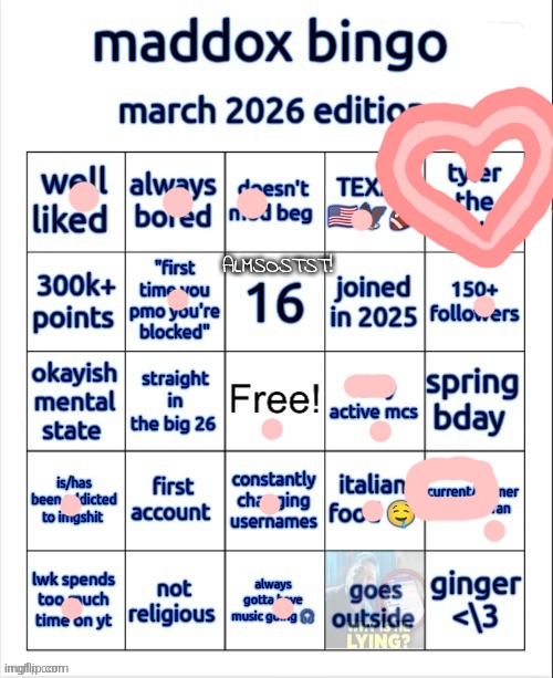 maddox bingo march 2026 edition | ALMSOSTST! | image tagged in maddox bingo march 2026 edition | made w/ Imgflip meme maker