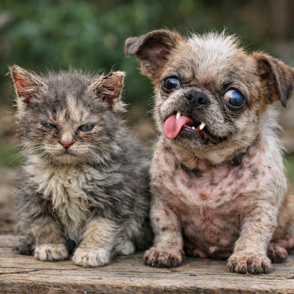 ugly kitten sitting by a ugly puppy Blank Meme Template