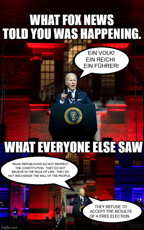 WHAT FOX NEWS TOLD YOU WAS HAPPENING. WHAT EVERYONE ELSE SAW EIN VOLK!
EIN REICH! 
EIN FÜHRER! MAGA REPUBLICANS DO NOT RESPECT THE CONSTITUT | made w/ Imgflip meme maker